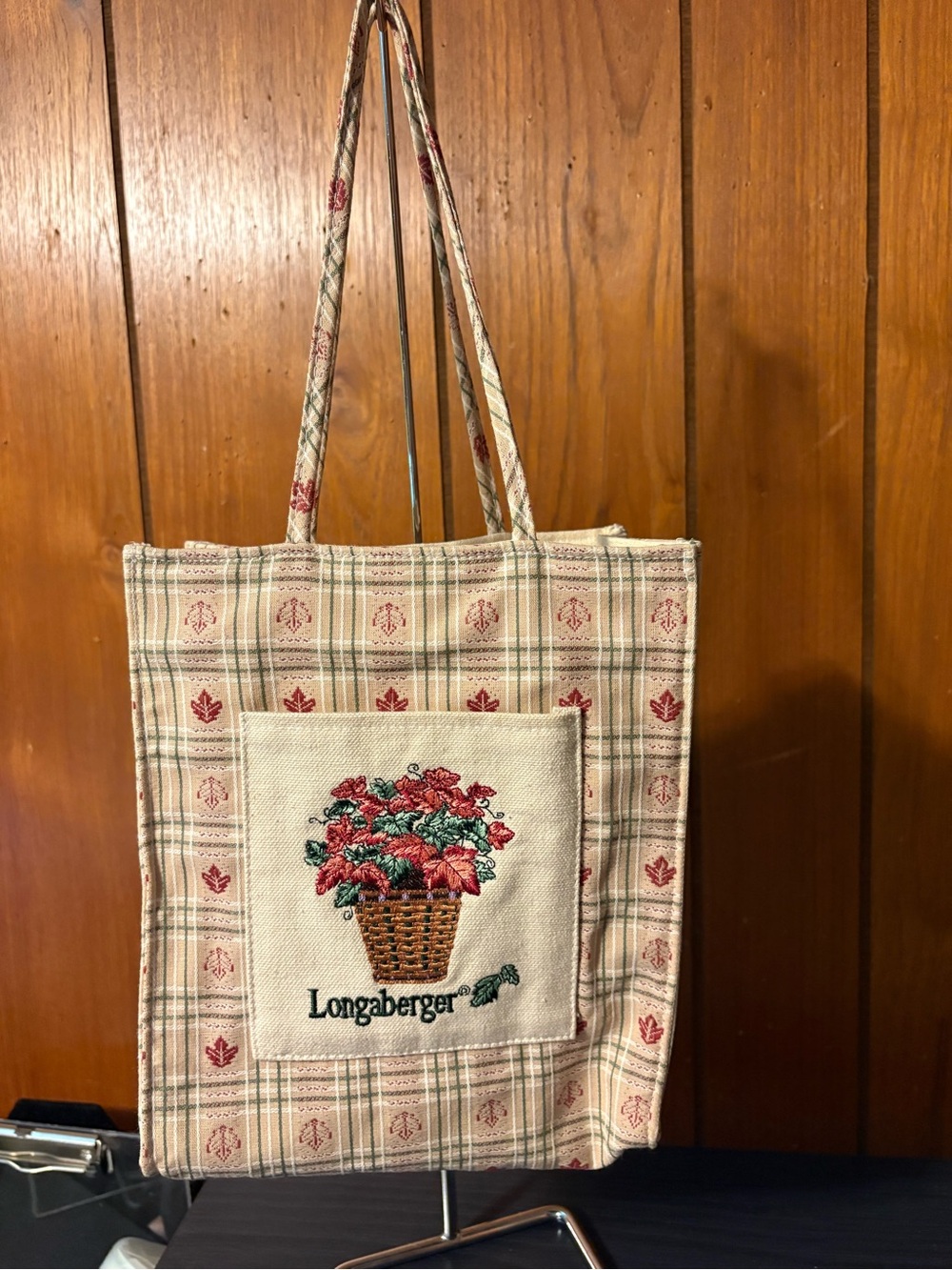 Longaberger Beige Plaid Tote with Red Floral Embroidery